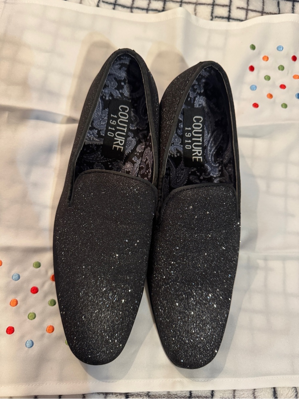 Couture 1910 "Cash" Black Glitter Smoking Slippers Tuxedo Shoes Men's Size 10